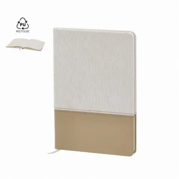 Beige and white textured notebook labeled as PU recycled material.