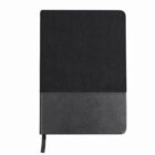 A black notebook with textured cover and a ribbon bookmark on a white background.