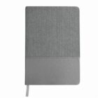 Gray notebook with a fabric top section and a ribbon bookmark.