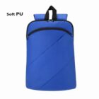 Blue backpack with a front zipper pocket and black handle, labeled Soft PU.