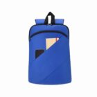Blue backpack with front pockets holding a notebook and a smartphone.