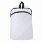 White backpack with black zippers and handle, featuring a diagonal front pocket design.