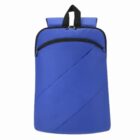 Blue backpack with a diagonal zip pocket and a top handle against a white background.