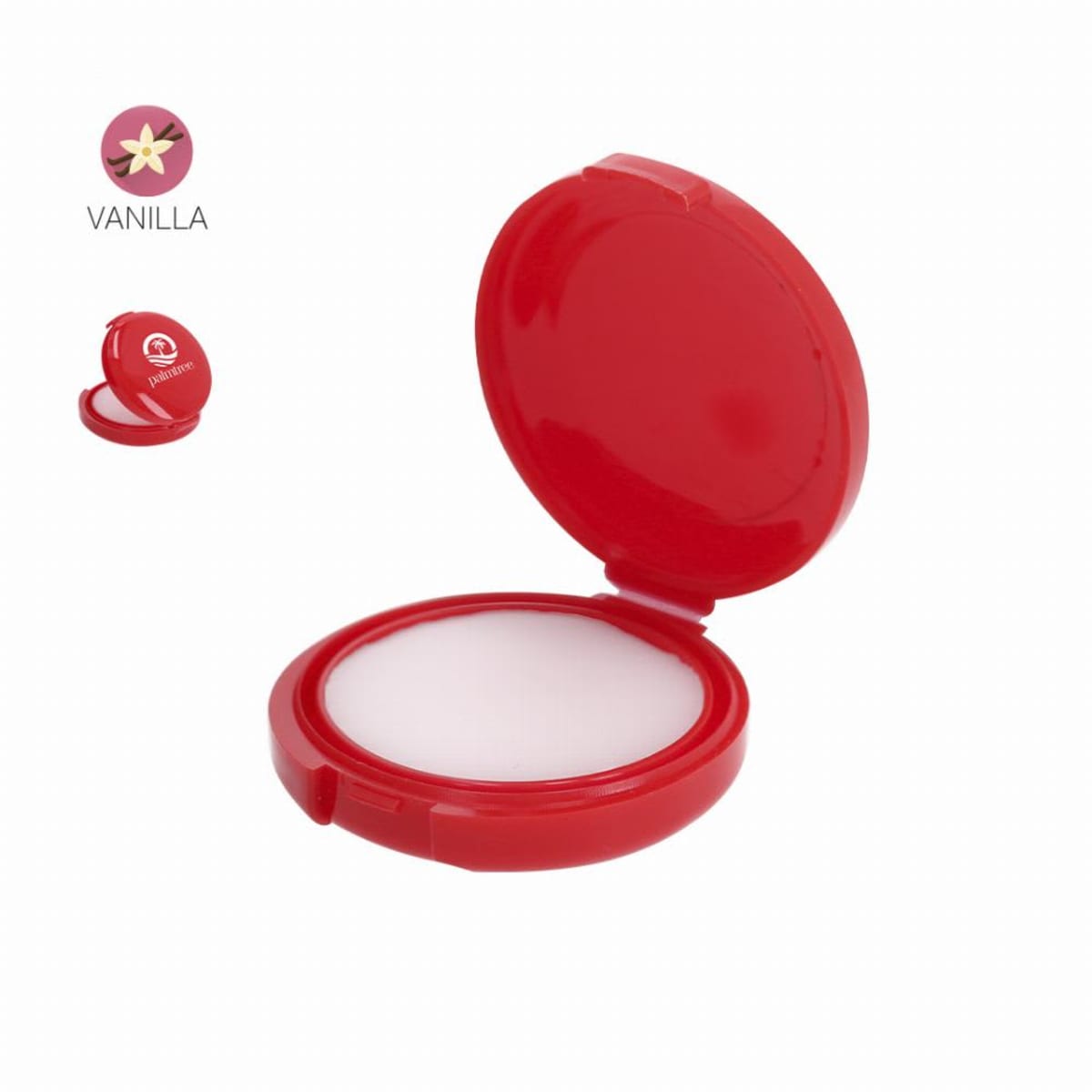Red compact with vanilla-scented balm inside under a pink flower icon.