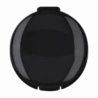 Round, black electronic waffle maker with a closed lid.