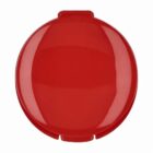 Red circular plastic container lid on a white background.