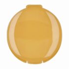 Yellow, round object resembling a caramel candy against a white background.