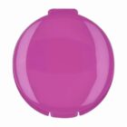 Round, glossy pink compact case, closed.