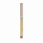Elegant gold and silver pen with a rose gold clip on a white background.