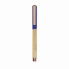 A pen with a blue cap and gold-colored body on a white background.