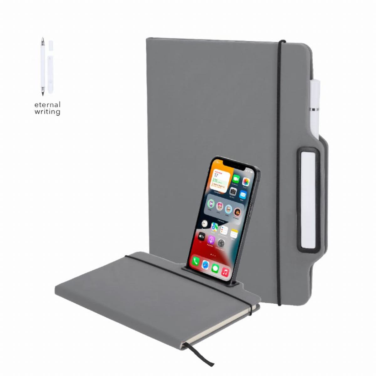 A smartphone and pen holder embedded in a gray notebook cover.