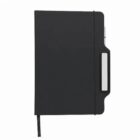 Black hardcover notebook with an elastic strap and a carrying handle.