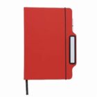Red notebook with a black elastic band and a tab on the side.