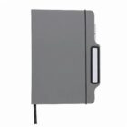 Gray notebook with a strap and pen holder on the side.
