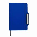 Blue notebook with a pen holder and black bookmark ribbon.