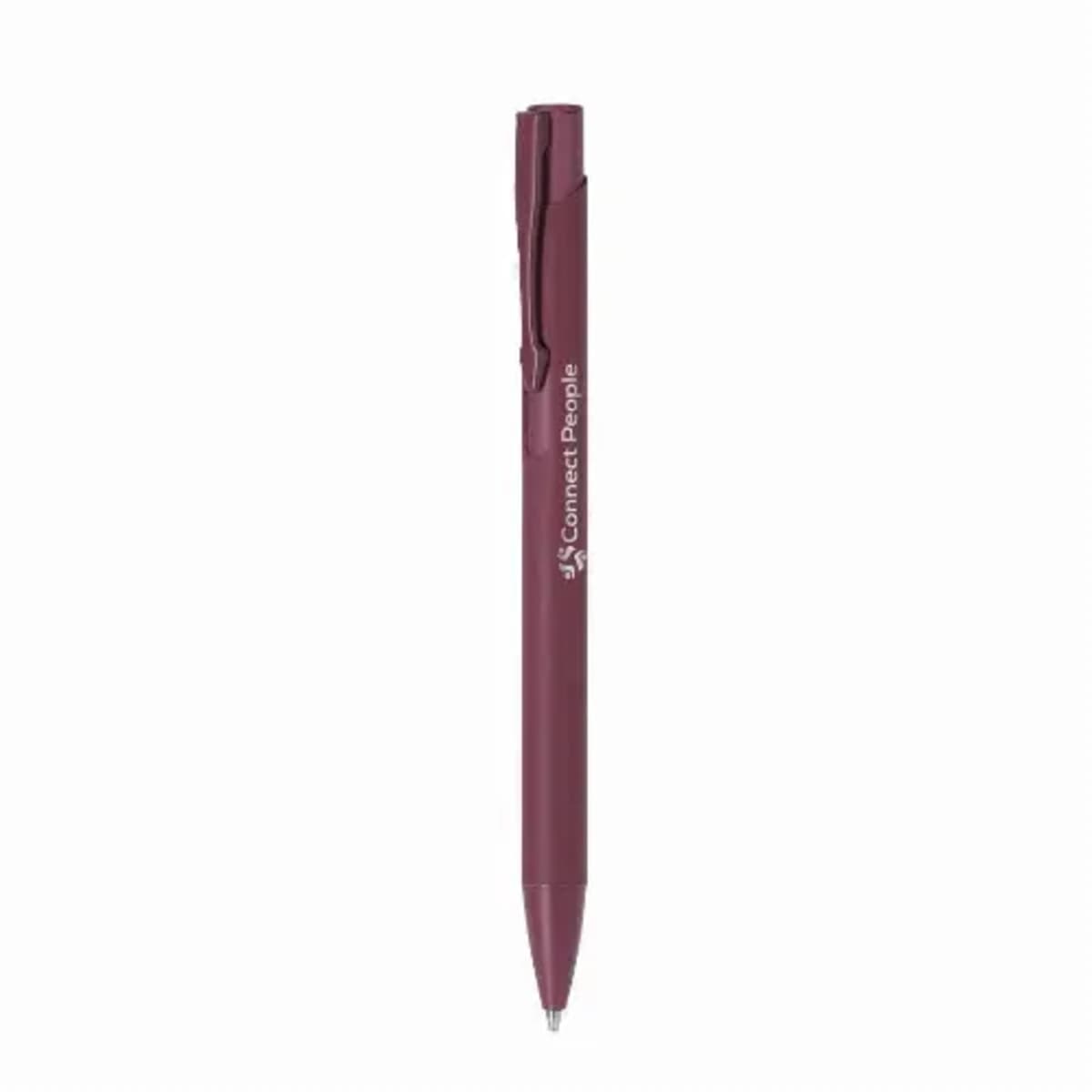 Maroon ballpoint pen with Connect People written on the body.