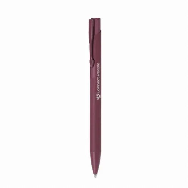 Maroon pen with clip and printed text on a white background.