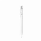 A white pen with a silver clip on a plain white background.