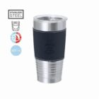 Stainless steel tumbler with black grip, 420 ml, double wall insulation labels on the side.