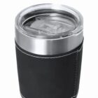 Insulated stainless steel tumbler with black leather sleeve and clear lid.