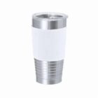 Stainless steel tumbler with a white insulated middle section.