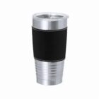 Silver and black insulated travel tumbler with a clear lid, isolated on a white background.