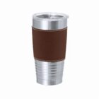 A stainless steel travel mug with a brown grip and clear lid.