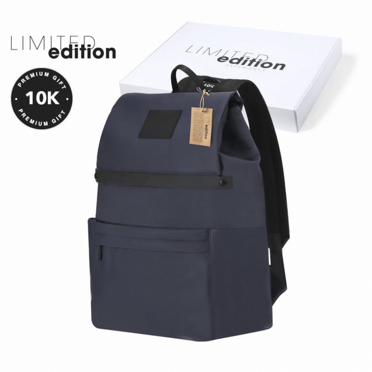 Navy limited edition backpack with a box labeled 10K Premium Gift.