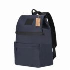 Blue backpack with a front pocket and a tag on a white background.