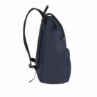 Side view of a navy blue backpack with black straps and zippers.