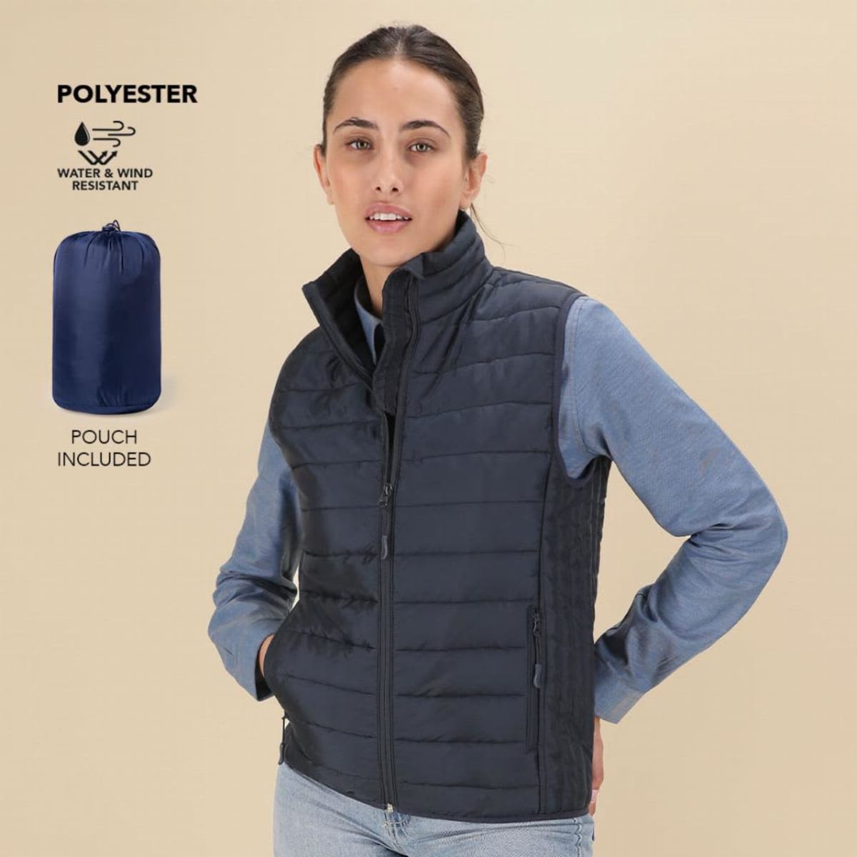 Person wearing a navy quilted vest and blue shirt; pouch shown on the left.