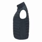 Side view of a black quilted puffer vest with a high collar and a zipper.