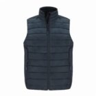 Black puffer vest with a front zipper, shown on a plain white background.