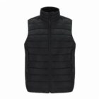 Black quilted vest with a front zipper and high collar, viewed from the front.