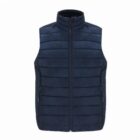 Navy blue padded vest with a front zipper and high collar.