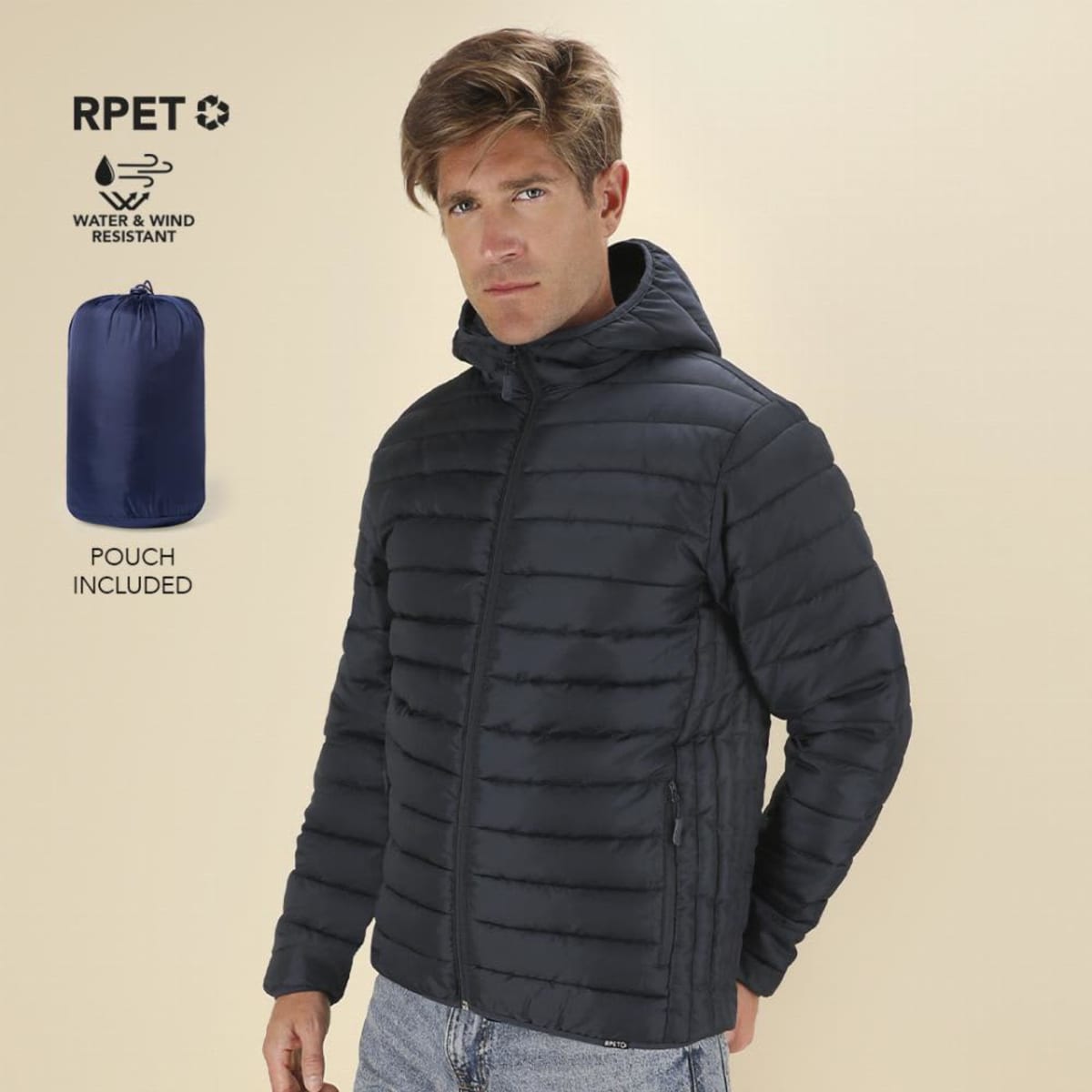 Man wearing a black puffer jacket with hood; pouch included.