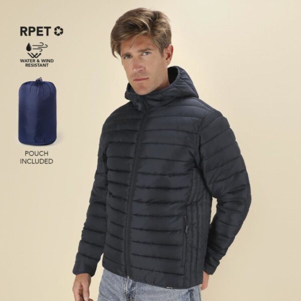 Man wearing black puffer jacket with hood, water and wind resistant, pouch included.