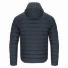 Rear view of a dark gray quilted jacket with a hood.