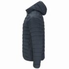 Side view of a dark quilted puffer jacket with a hood.