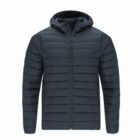 Dark puffer jacket with hood and front zipper, displayed on a white background.