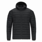 Black puffer jacket with hood, front view, on a white background.