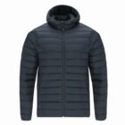 Black puffer jacket with a hood, displayed on a white background.