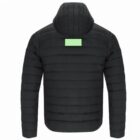 Black puffer jacket with a hood and a small green label on the back.