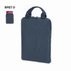 Blue RPET laptop case with handles; small image of open case with red interior.
