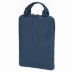 Blue fabric laptop sleeve with handles and a zippered top.