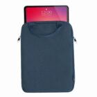 Tablet in a blue fabric sleeve with zippers, screen showing time and date.