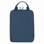 Blue laptop sleeve with dual zipper and handle.