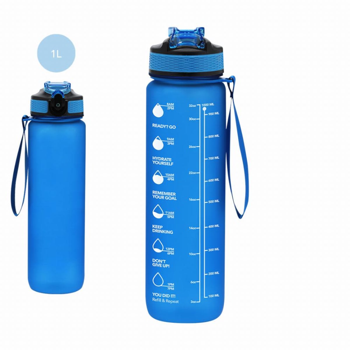 Blue 1L water bottle with motivational time markers and carrying strap.
