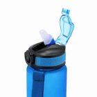 Blue water bottle with a flip-top lid and straw, featuring a carrying strap.