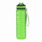 Green water bottle with measurement markings and a wrist strap.